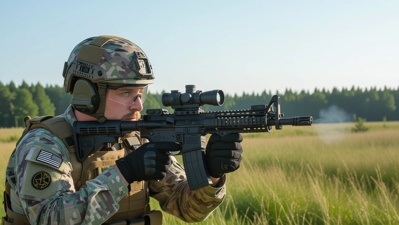 Gázüzemű airsoft fegyverrel játszó játékos a szabadban, erdős háttérrel.