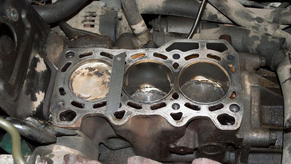 Egy háromhengeres motor hengerfeje, látható a hengerek és a tömítés részleteivel.