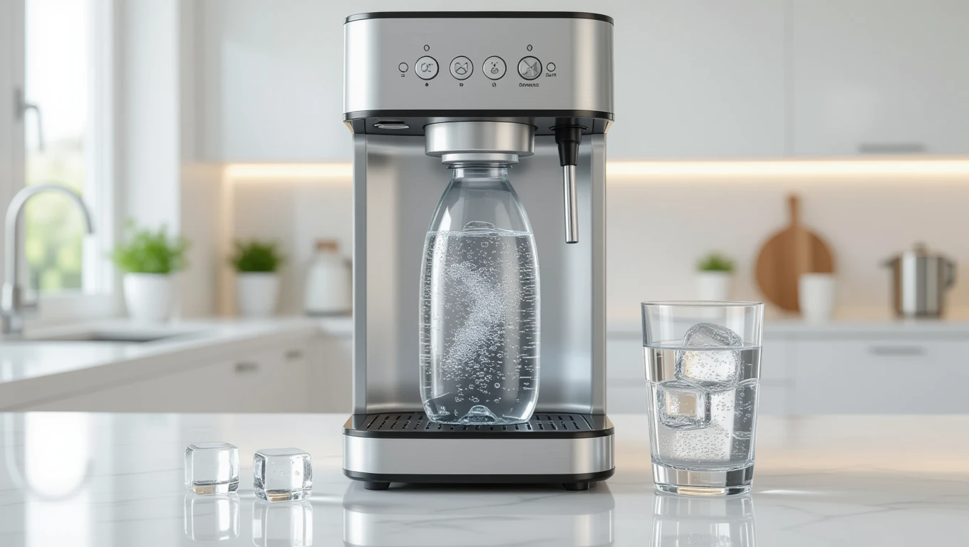 Egy modern SodaStream készülék, amely szénsavas vizet készít egy palackban, jéggel teli pohárral az asztalon.