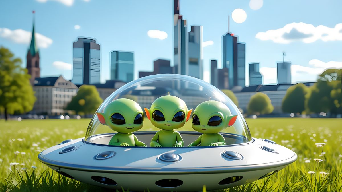 Három zöld földönkívüli ül egy űrhajóban, háttérben városi tájjal.