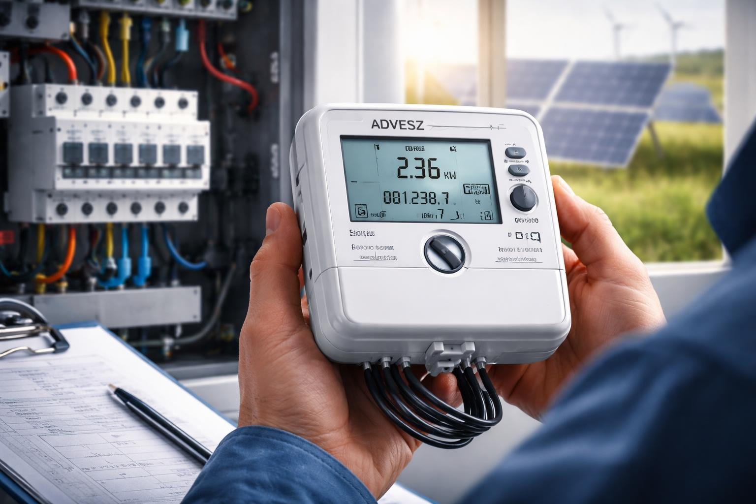 Az ADVESZ mérő, amely energiafogyasztást mér, kézben tartva.