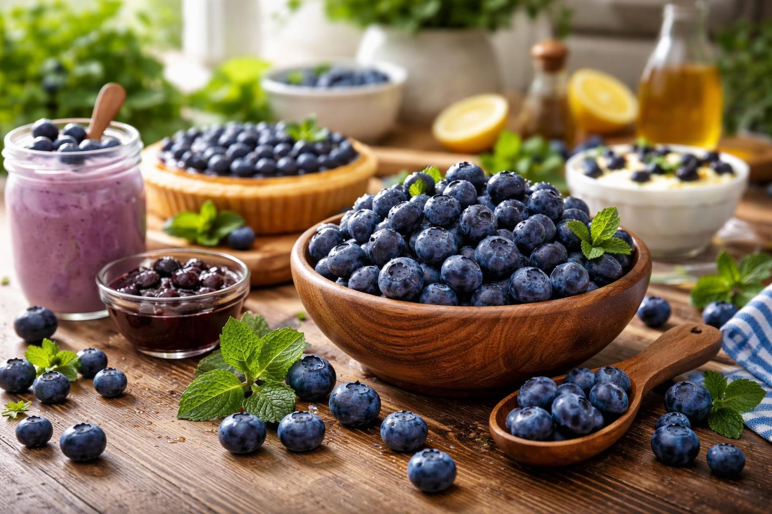 Friss áfonya egy fából készült tálban, körülötte különböző áfonyás ételek.