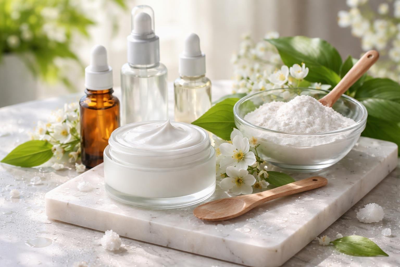 Hidratáló krém és bőrápoló olajok egy márványlapon, virágokkal díszítve.