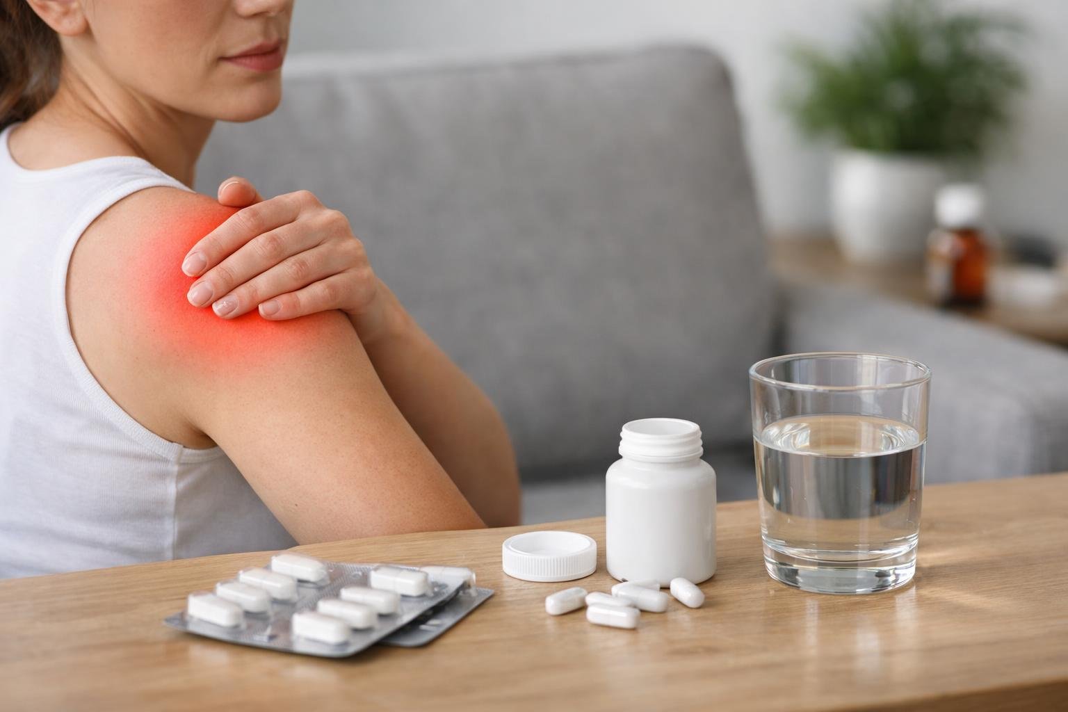 Egy nő fájdalmas vállát masszírozza, mellette gyógyszerek és víz.