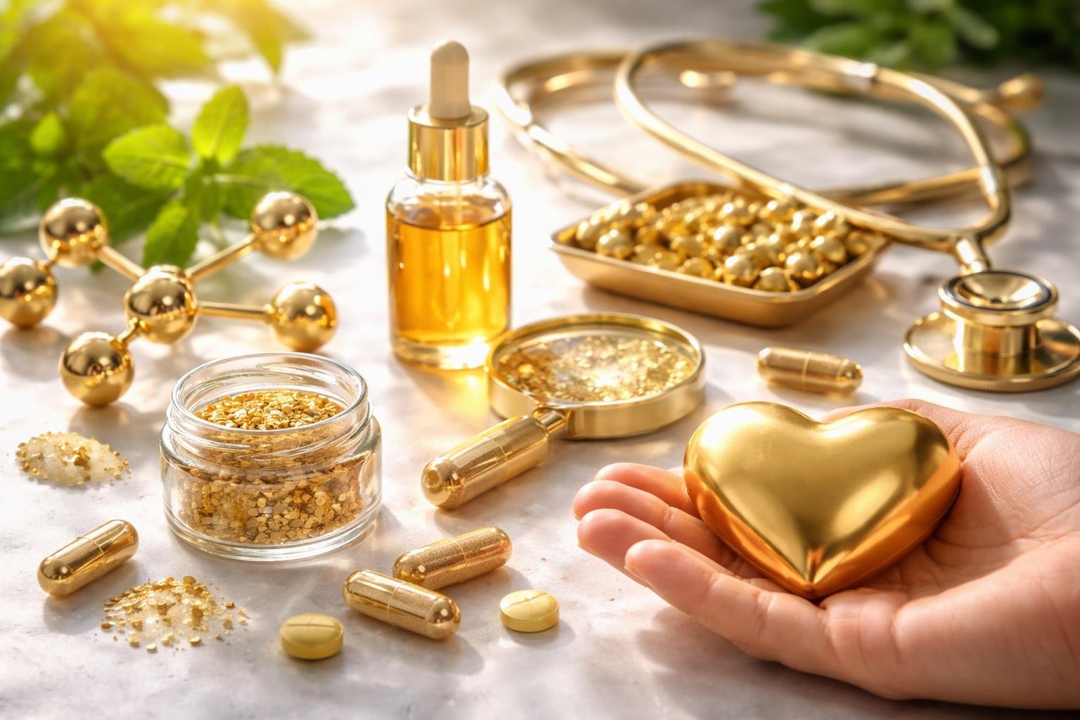 Egy kézben tartott arany szív, körülötte arany kapszulák és olajok.