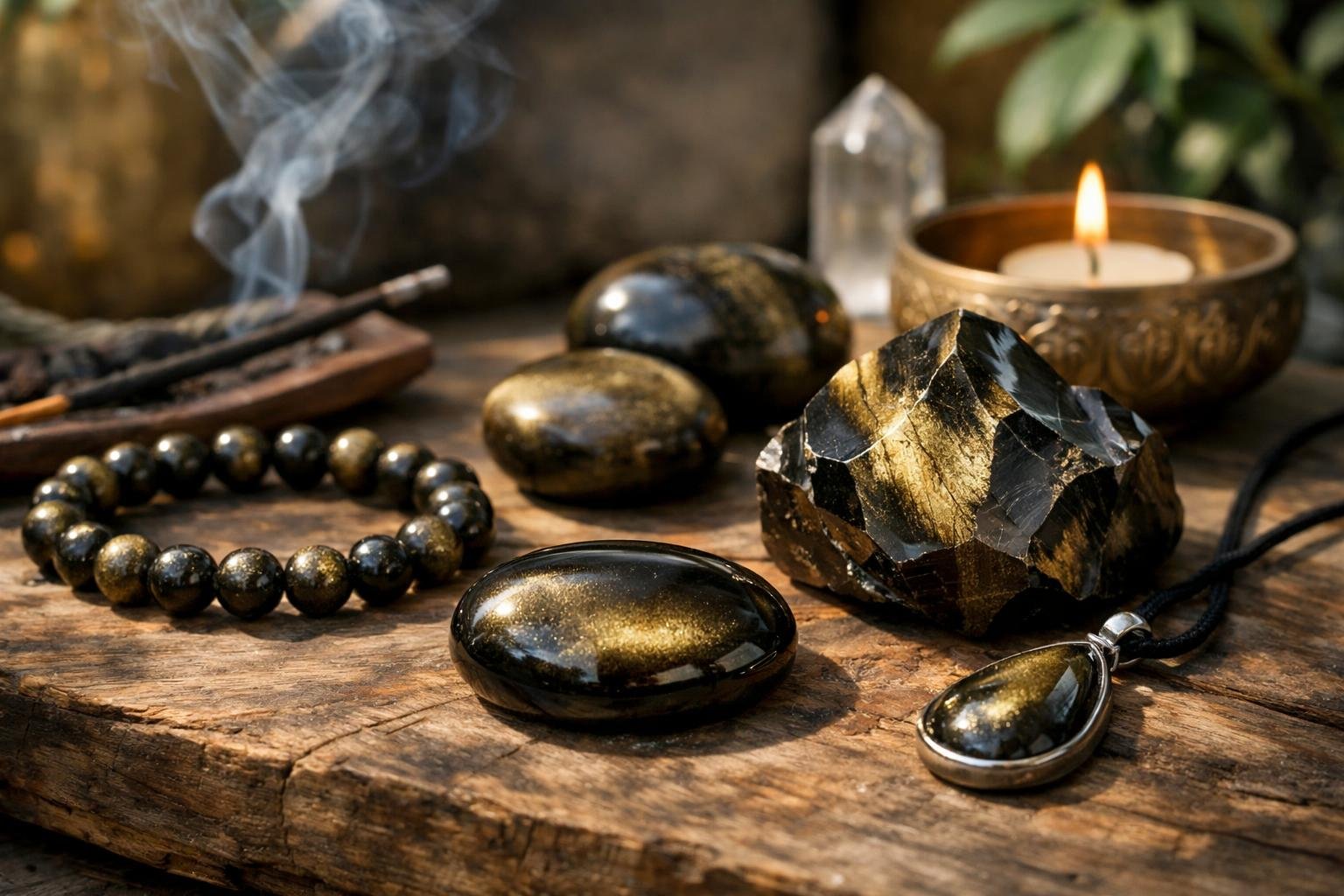 Arany obszidián kövek, ékszerek és füstölők egy természetes környezetben.