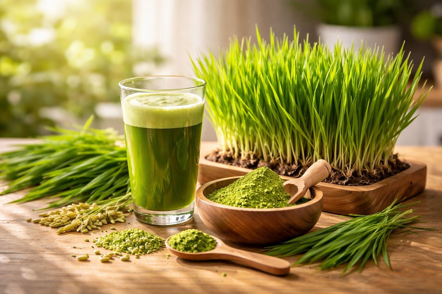Friss árpafűlé, por és friss árpafű növények egy asztalon.
