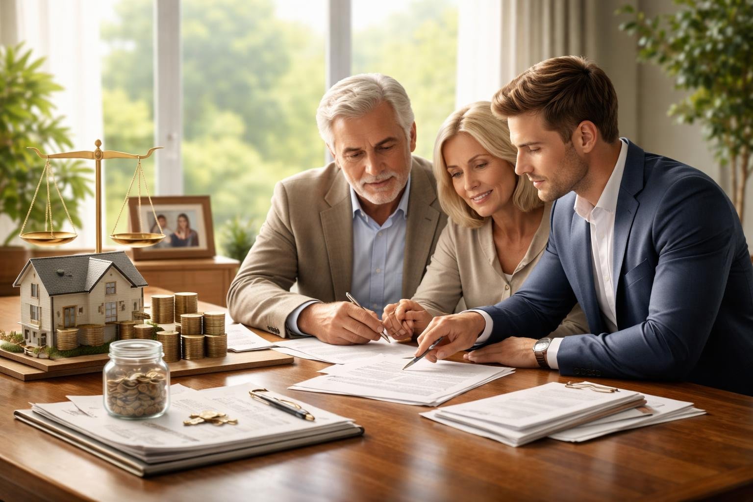 Egy család jogi dokumentumokat néz át, miközben vagyonkezelési tanácsokat kap.