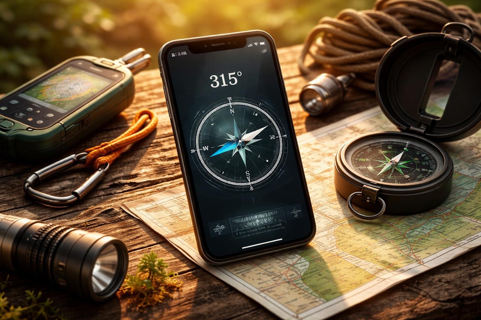 Okostelefonon digitális iránytű látható, térkép és navigációs eszközök mellett.