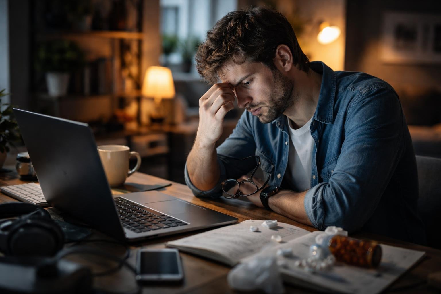 Fáradt férfi ül a számítógép előtt, stresszes arckifejezéssel, gyógyszerek és jegyzetek körülötte.