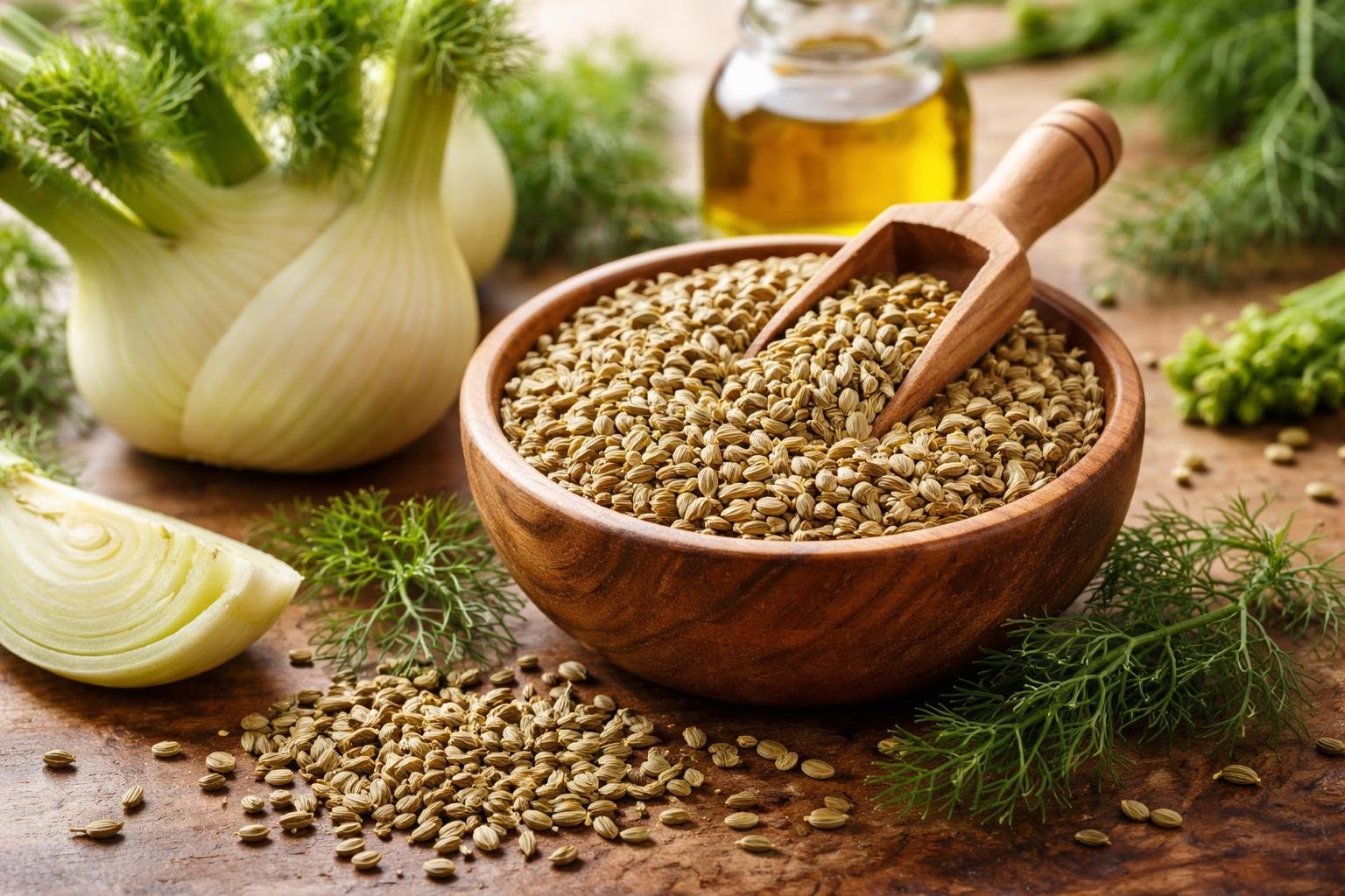 Egy fából készült tálban édeskömény magok, friss édeskömény zöldek és egy üveg olívaolaj.