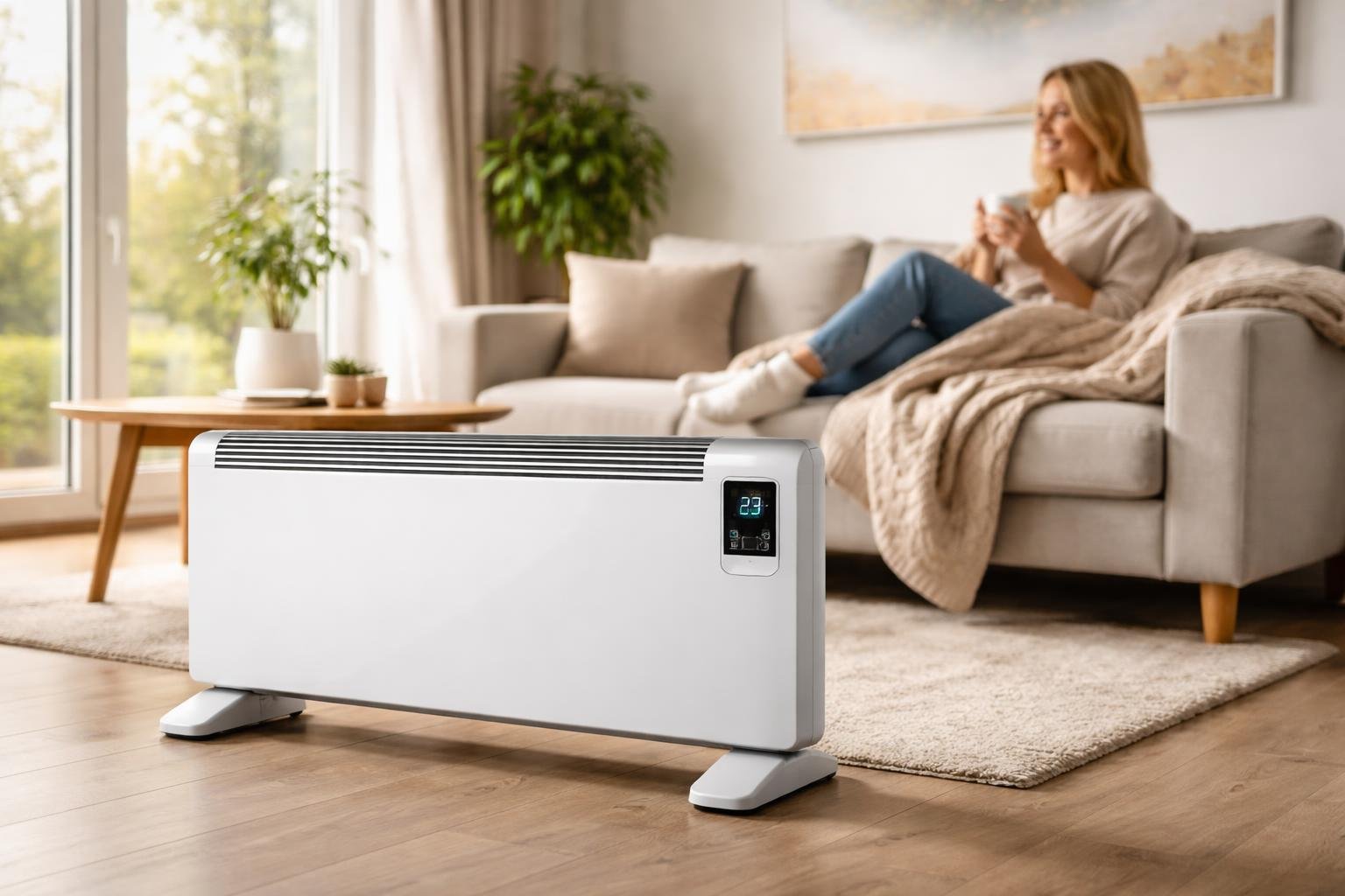 Egy modern elektromos fűtőtest a nappaliban, háttérben egy kényelmes kanapé.