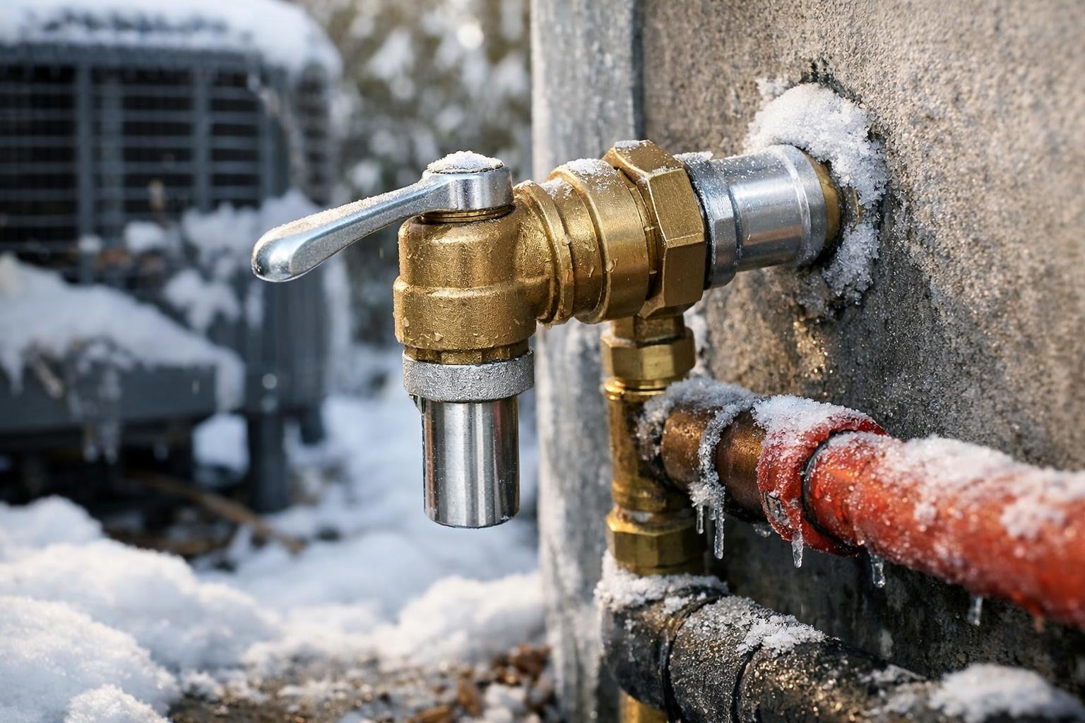 Fagymentesítő szelep, hóval borított csövekkel, téli környezetben.