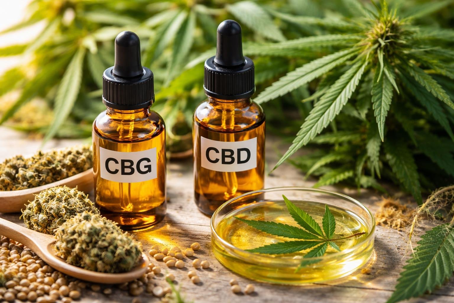 Két üveg kannabigerol (CBG) és kannabidiol (CBD) olaj, háttérben kannabisz növényekkel.