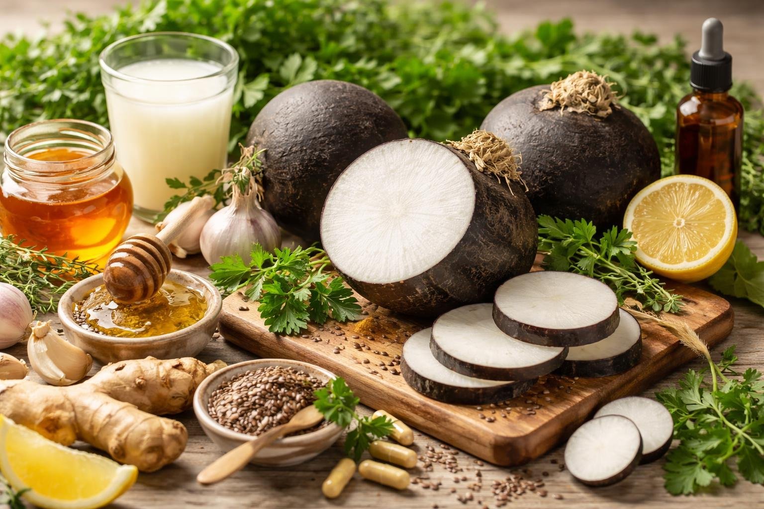 Fekete retek, méz, fokhagyma és citrom egy fából készült deszkán.