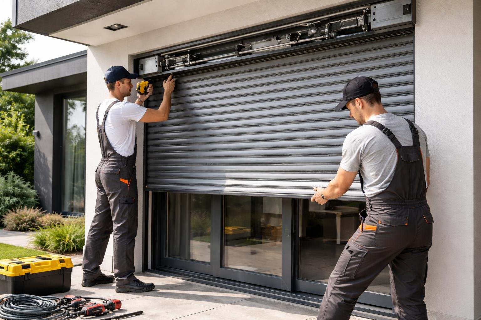 Két szakember feltolásgátló redőnyt telepít egy modern ház ablakánál.