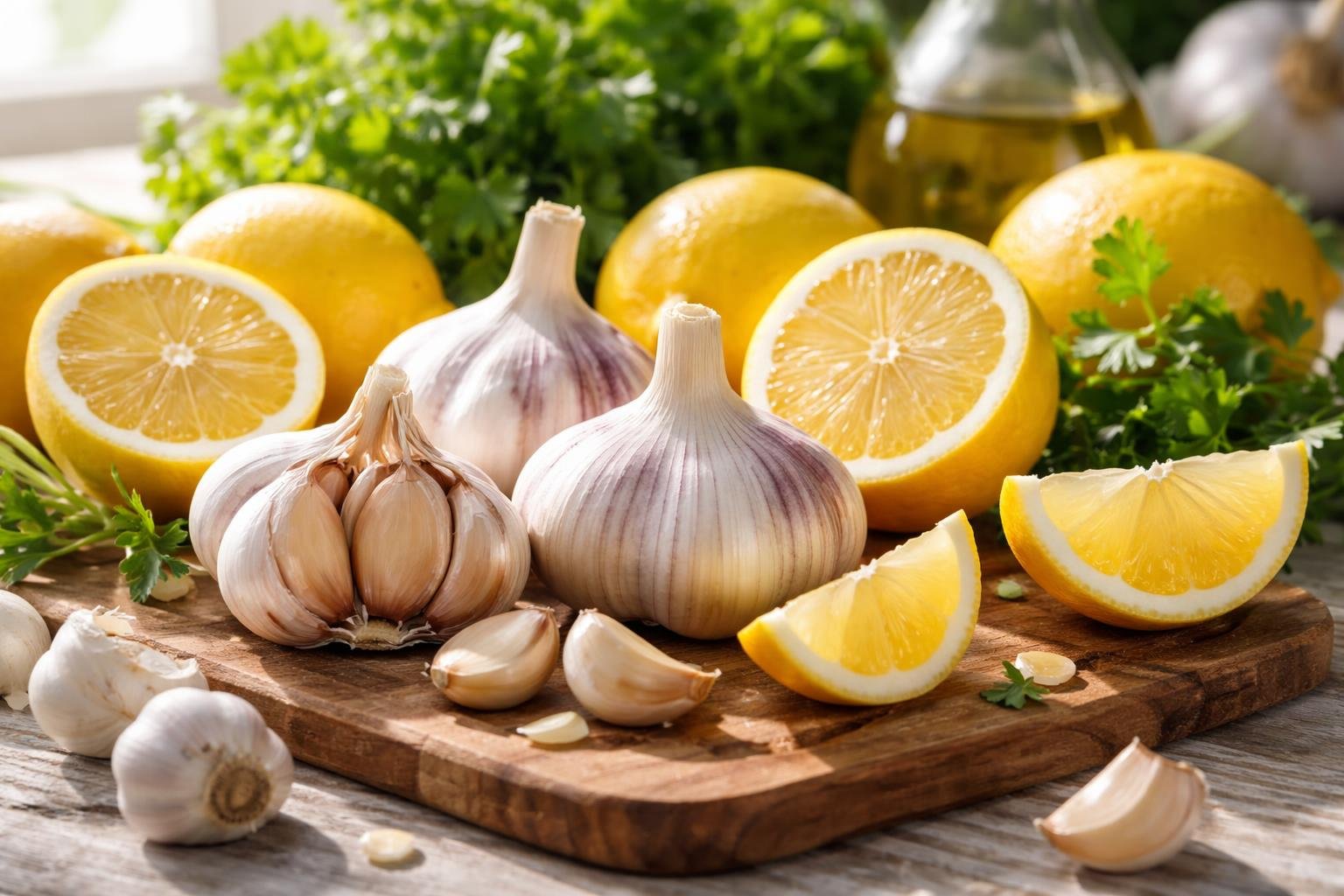 Friss fokhagyma és citrom szeletek egy vágódeszkán, zöld fűszerekkel.