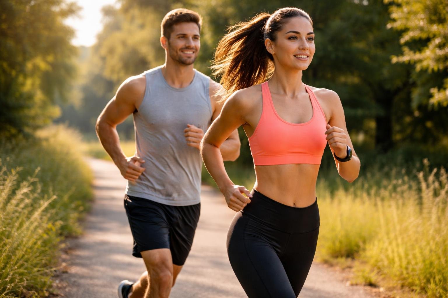 Két futó, egy férfi és egy nő, energikusan futnak egy zöld környezetben.