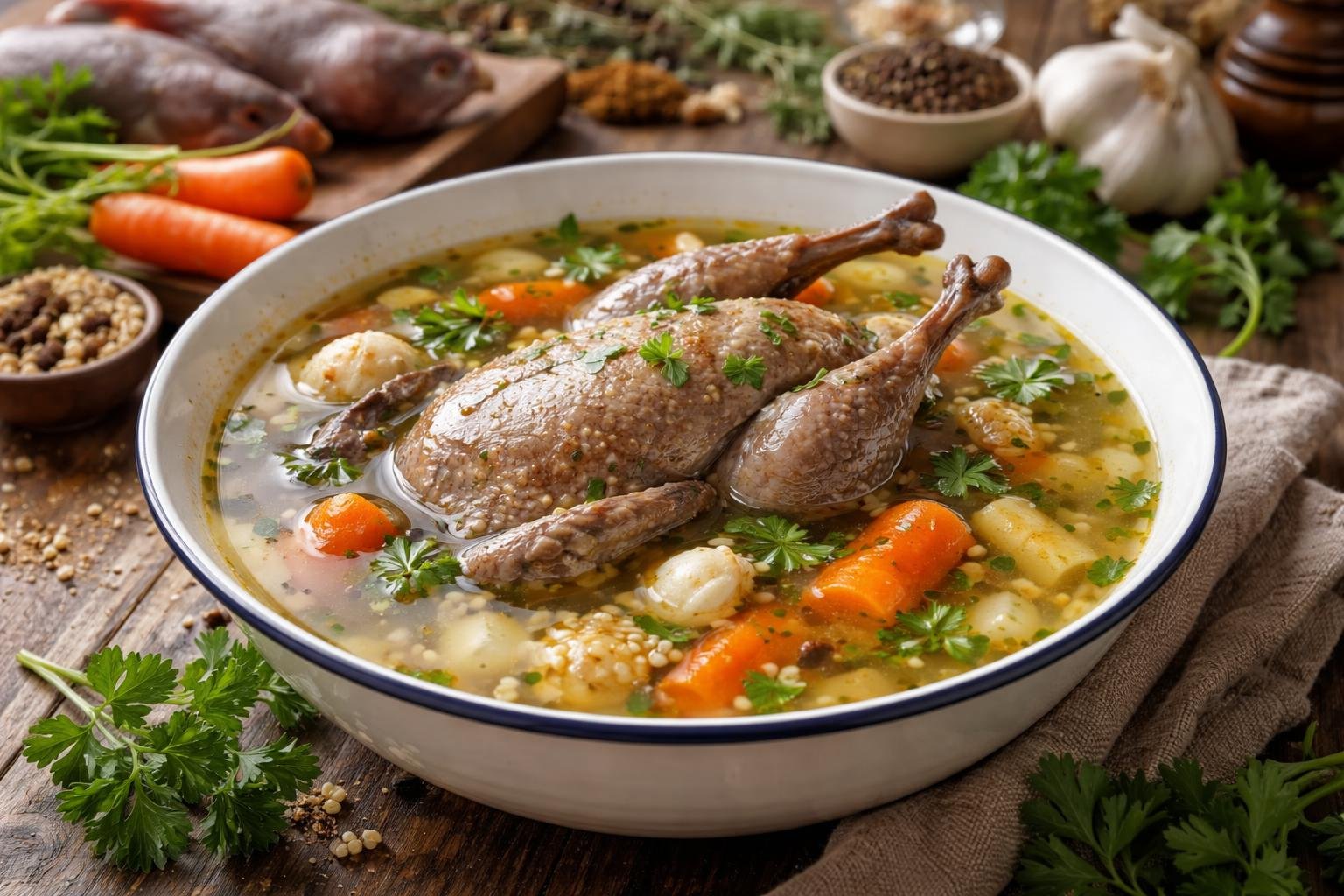 Friss galambleves zöldségekkel és fűszerekkel, tápláló és ízletes étel.