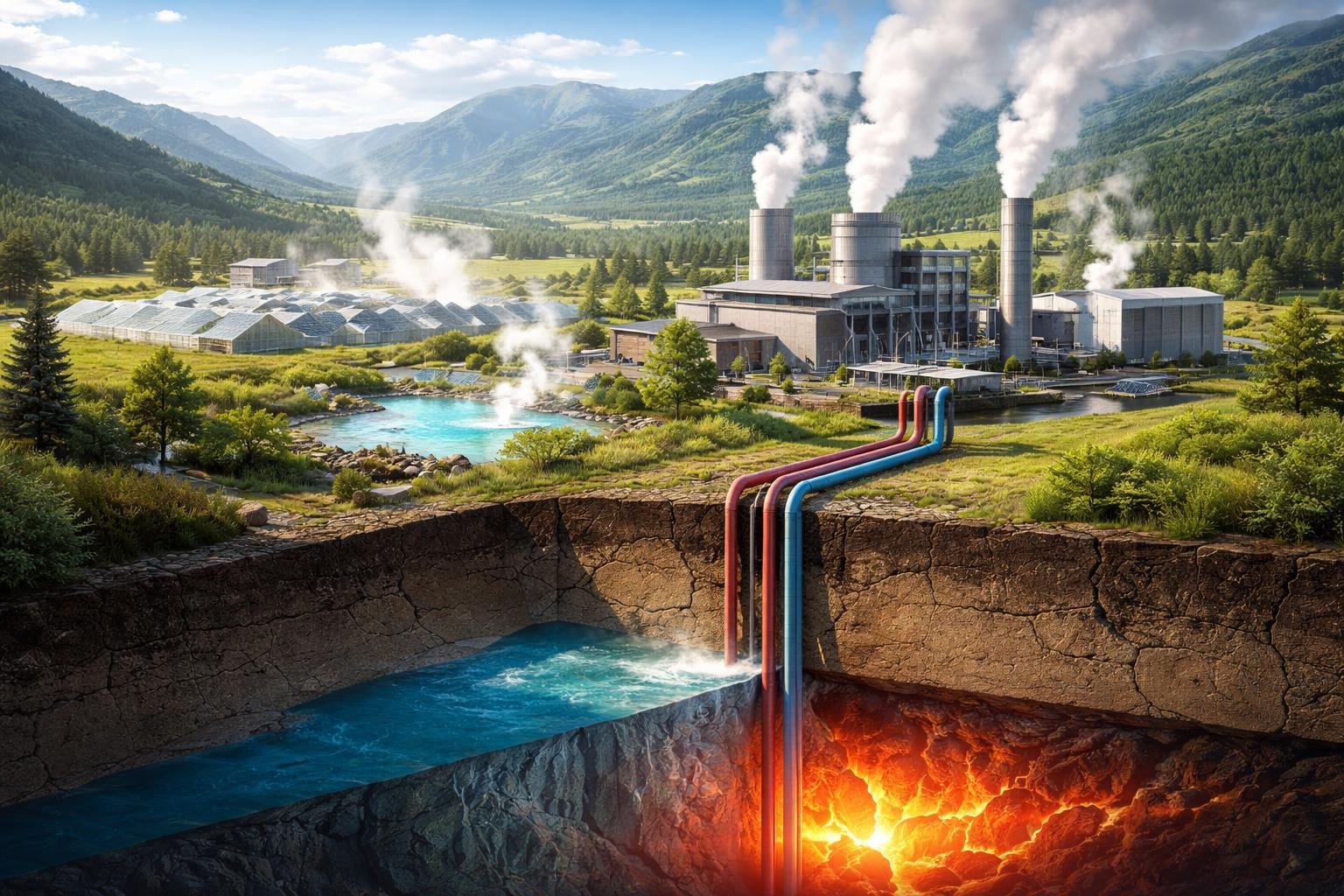 Geotermikus erőmű, amely a Föld belső hőjét használja energiatermelésre.