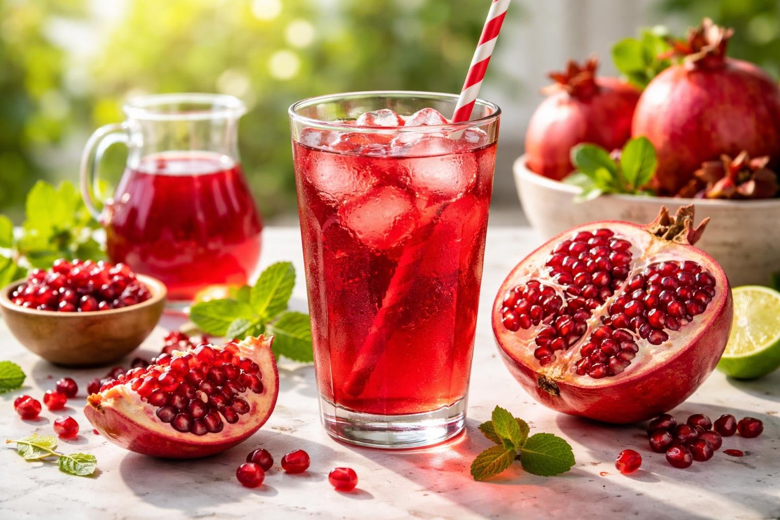 Friss gránátalma ital jéggel, mellette gránátalmák és gyümölcsdarabok.