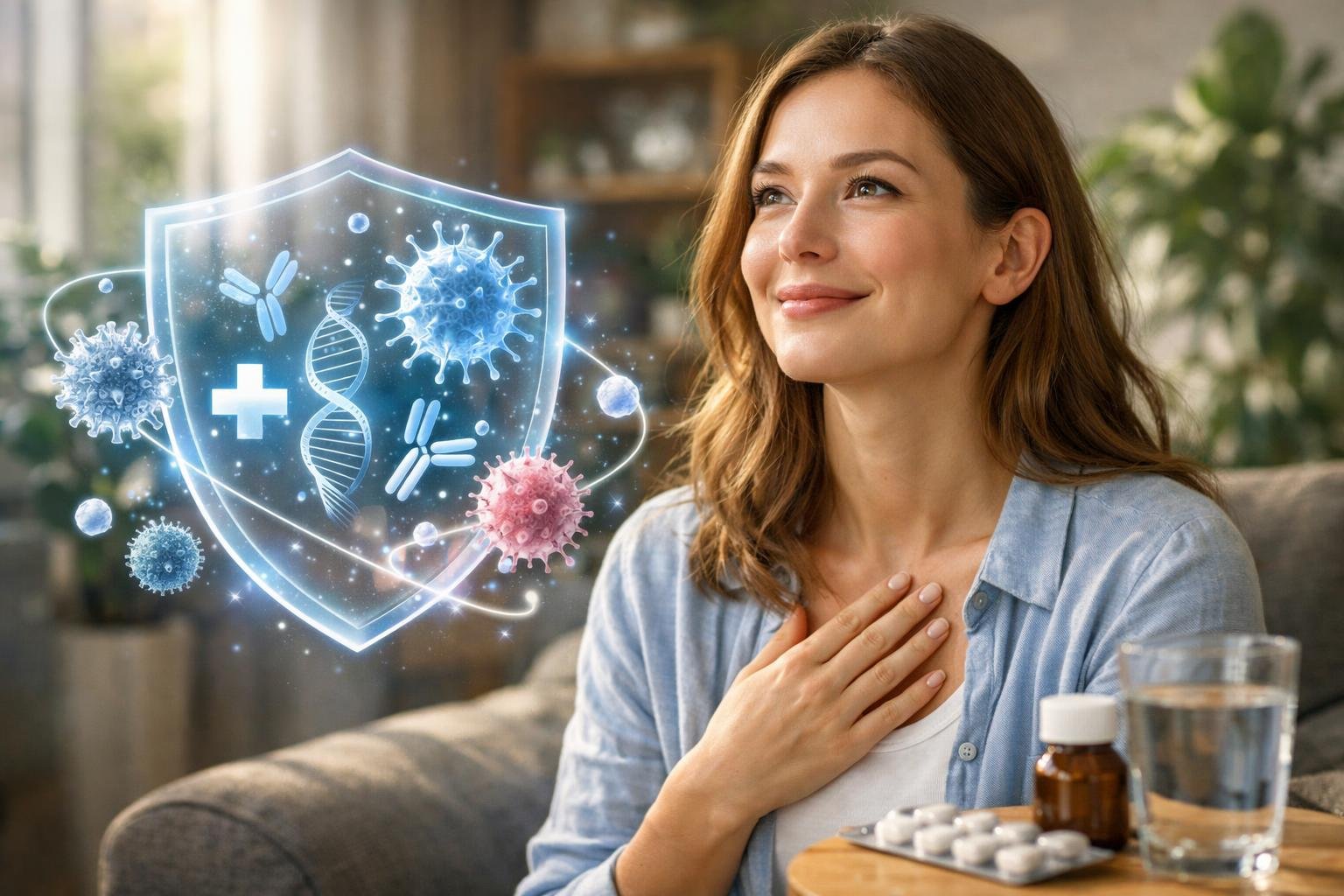 Egy nő mosolyogva néz a jövőbe, miközben immunrendszert támogató elemek lebegnek körülötte.