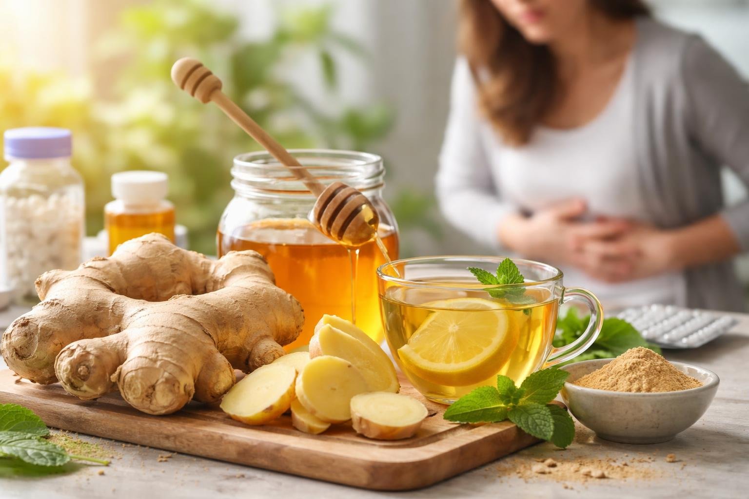 Friss gyömbér, méz és citromos tea egy asztalon, háttérben hasi fájdalommal küzdő nő.