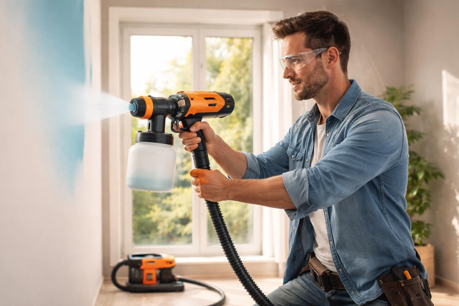 Egy férfi elektromos festékszórót használ, hogy egyenletesen fessen a falra.