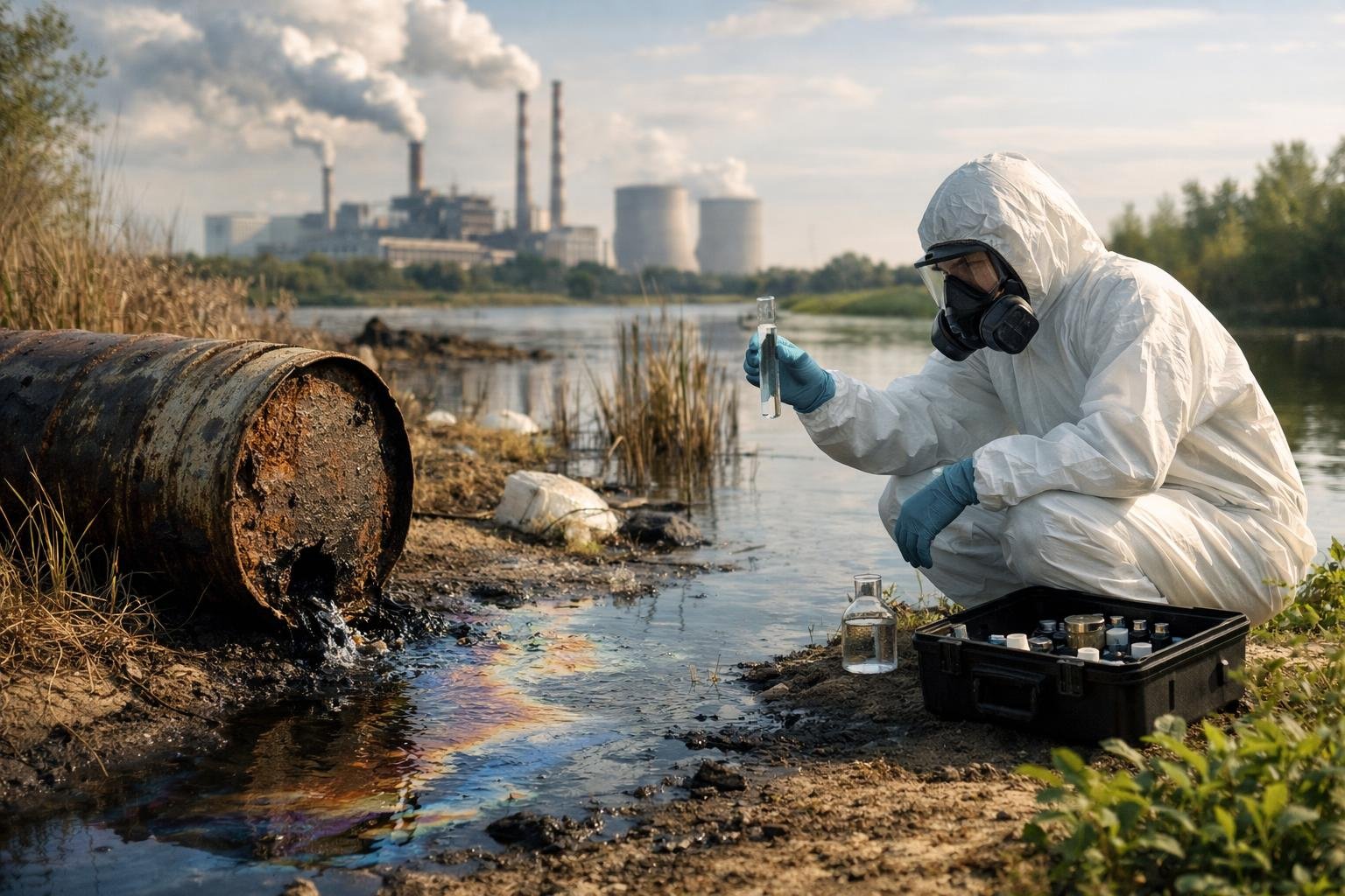 Egy védőöltözetbe öltözött szakember vízmintát vesz szennyezett területen.