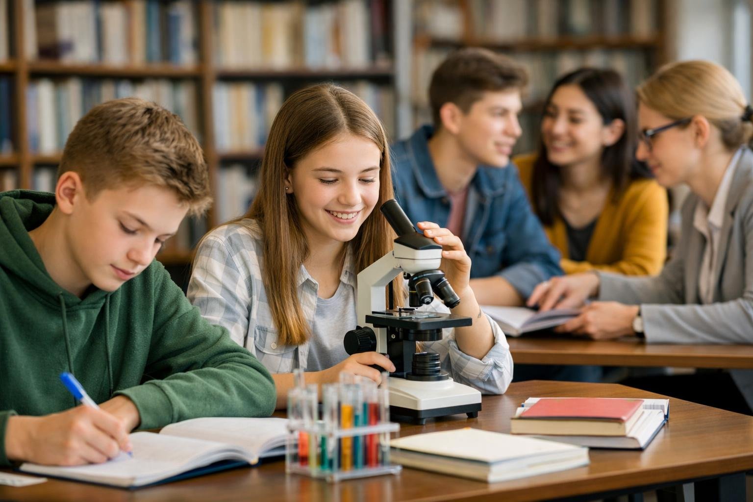 Diákok laboratóriumban, mikroszkóppal és könyvekkel tanulnak.