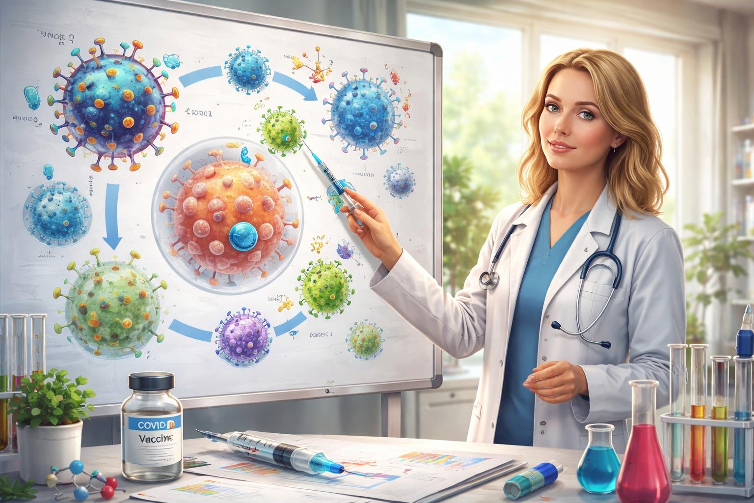 Egy orvos a vakcinák működését bemutató táblán mutatja be a vírusokat és immunválaszt.