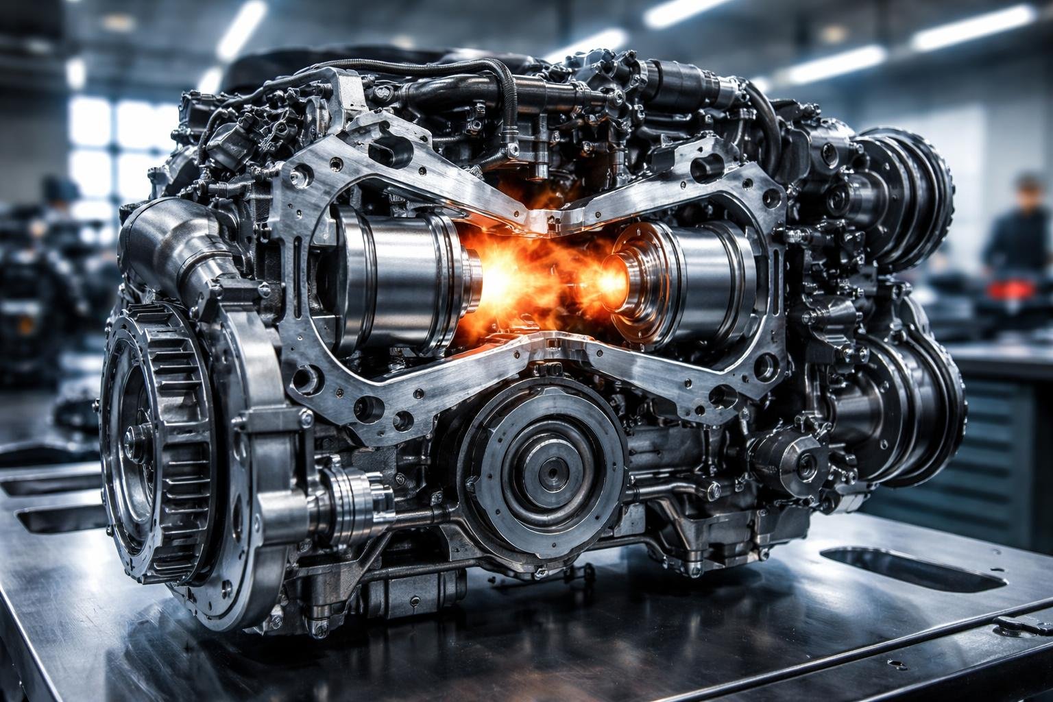 Egy innovatív ikerdugattyús motor, látható a működés közben, lángokkal.