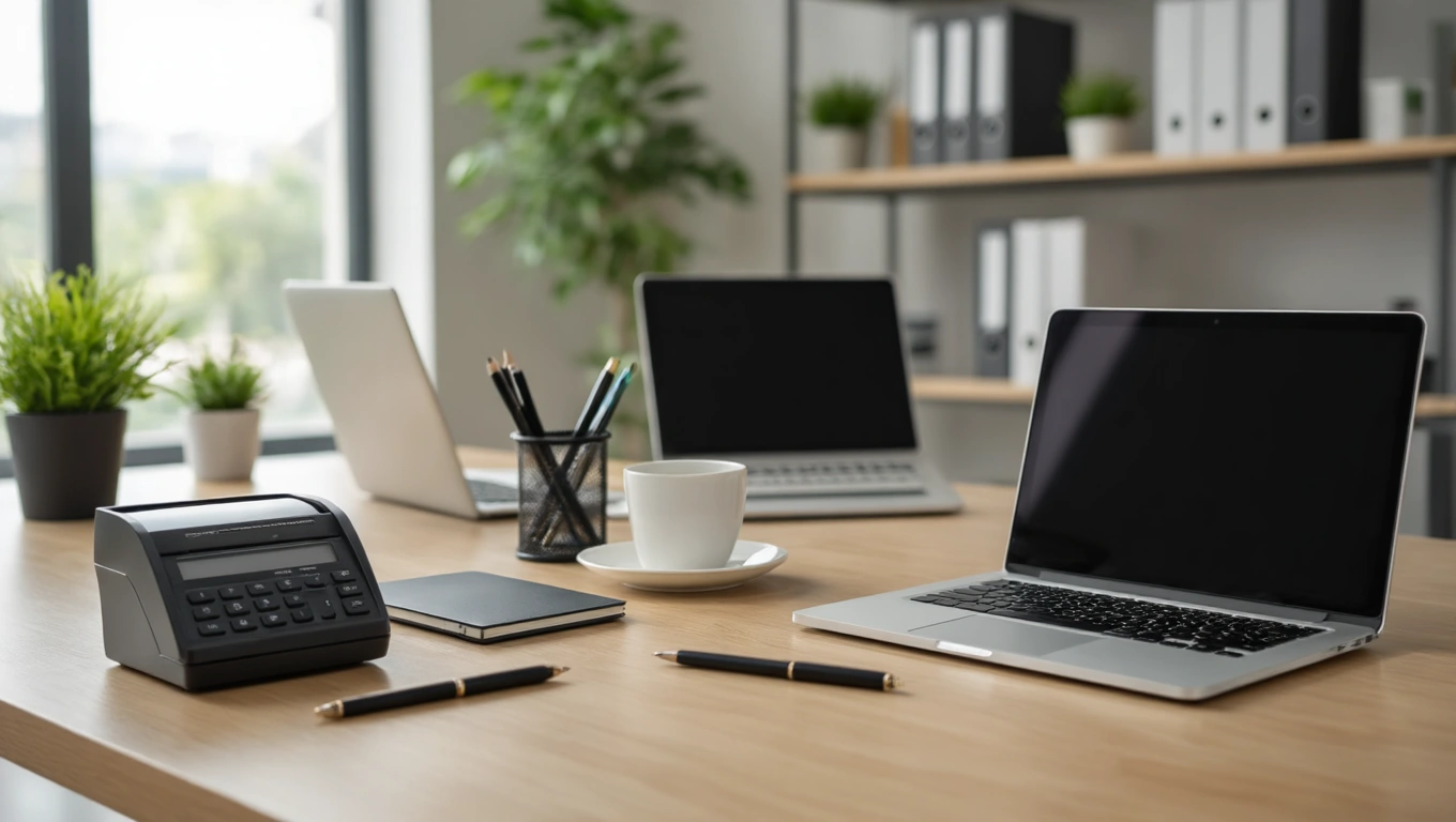 Modern irodai asztal számítógépekkel, írószerekkel és növényekkel.