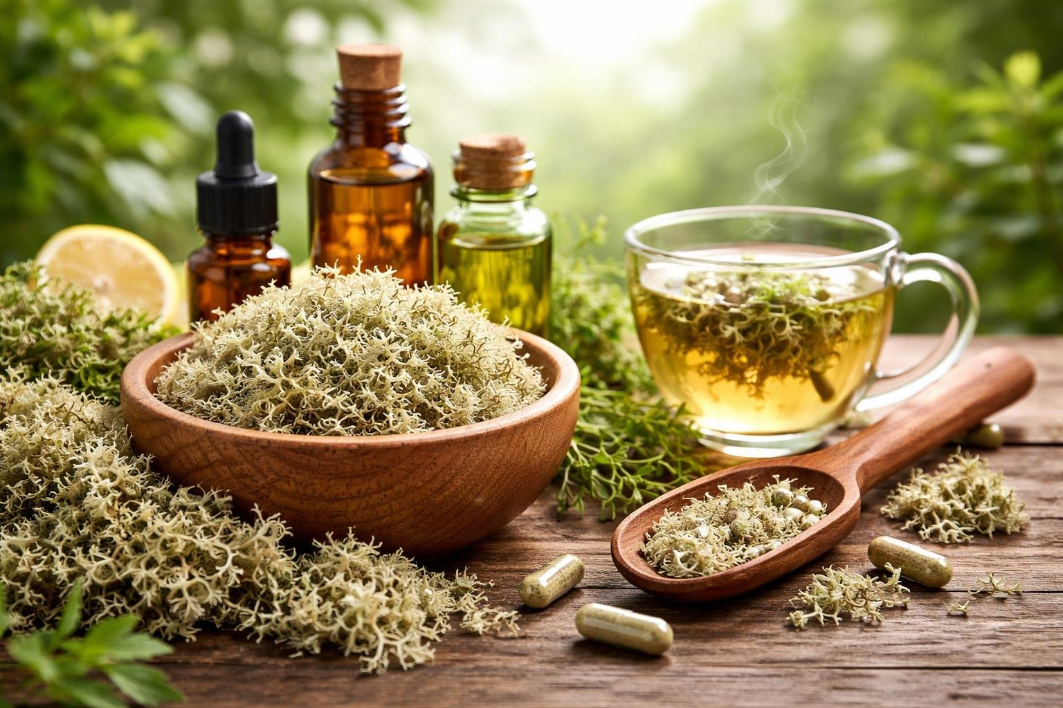 Izlandi zuzmó, gyógynövények és olajok egy tálban, mellette tea és kapszulák.