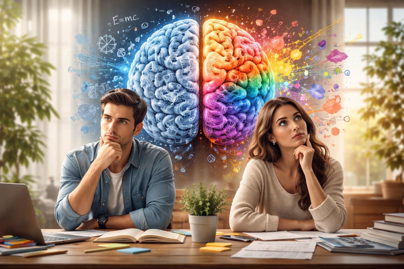 Egy férfi és egy nő gondolkodik, mögöttük színes agyféltekék ábrázolása látható.