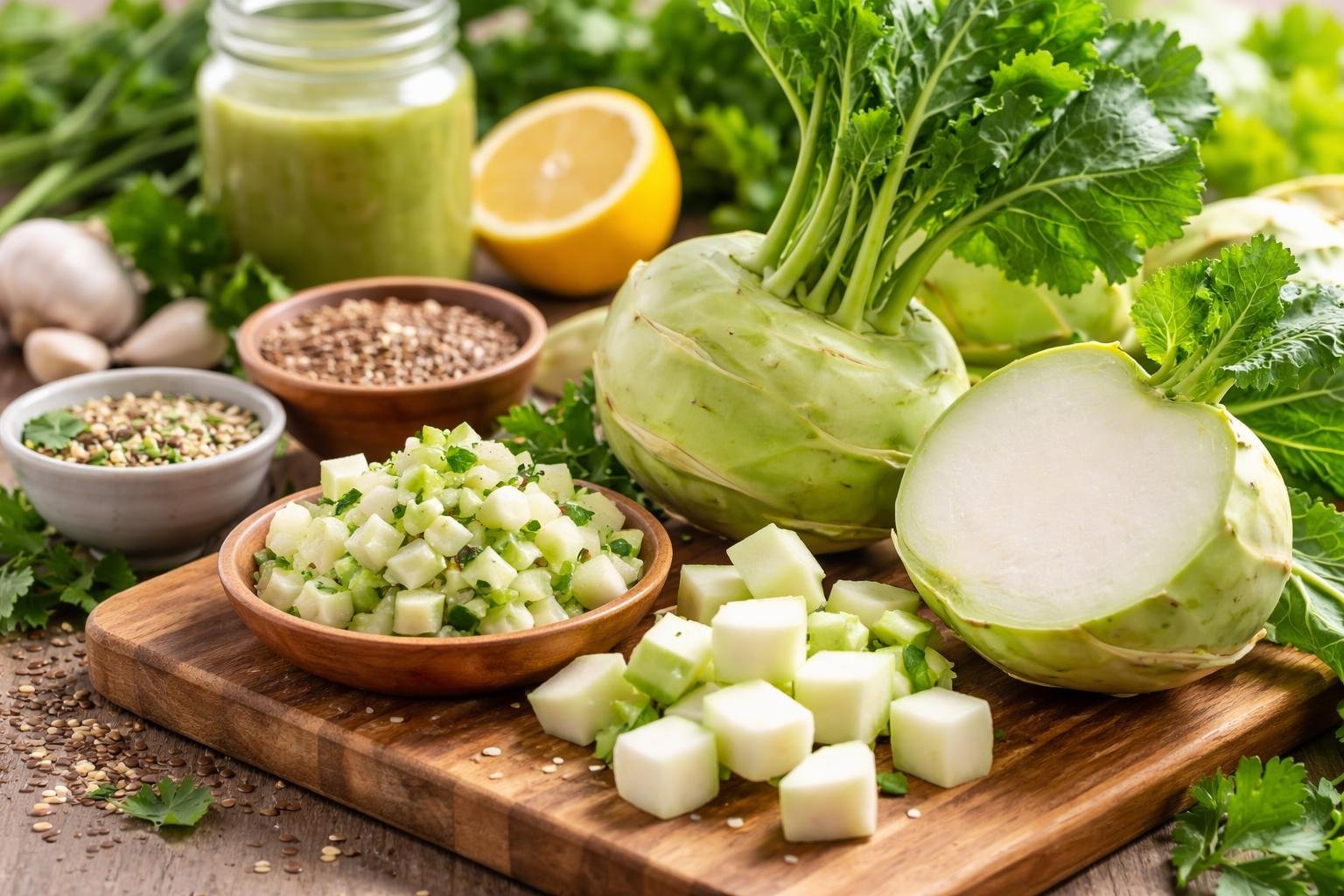 Friss karalábé, felkockázva és egészben, zöld fűszerekkel és magvakkal körülvéve.