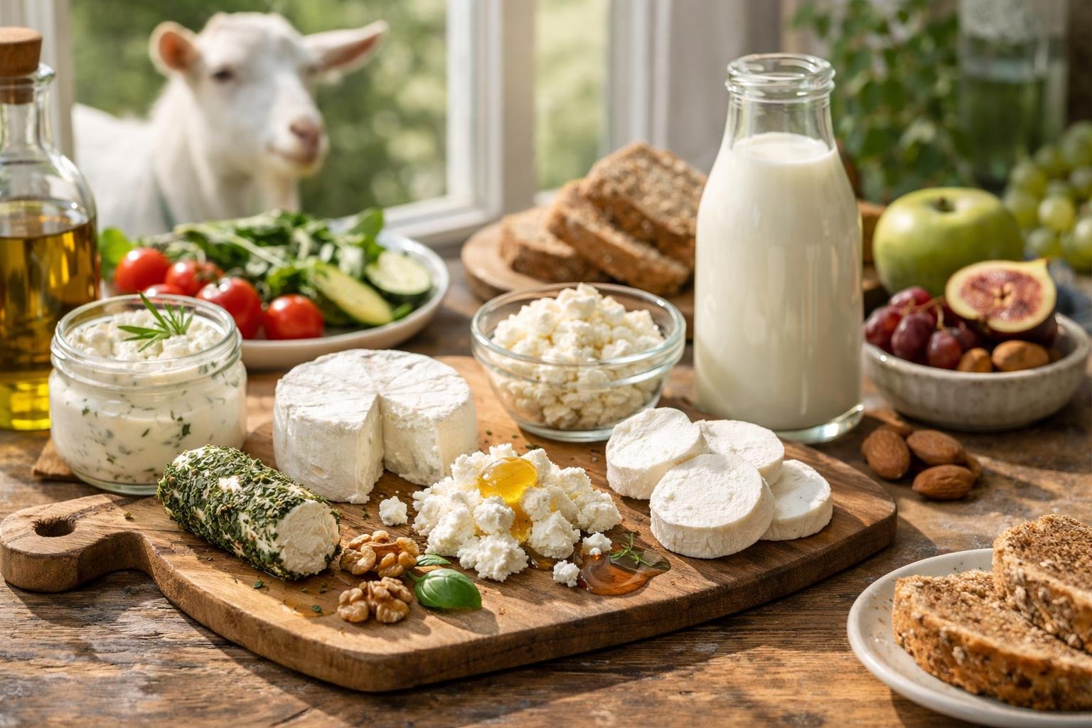 Friss kecskesajt, zöldségek és gyümölcsök egy asztalon, háttérben egy kecske.