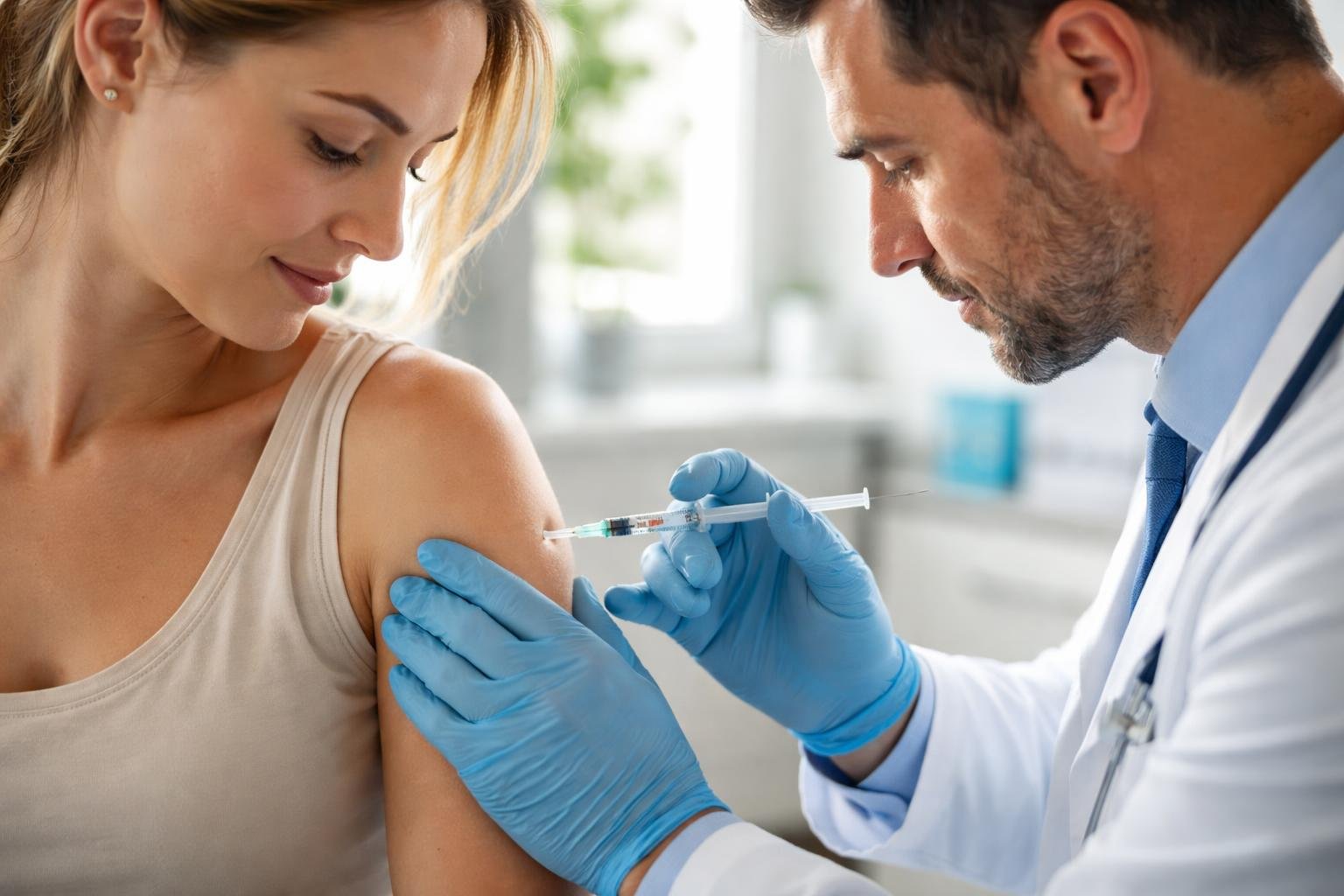 Egy orvos Kenalog injekciót ad egy fiatal nőnek a karjába.