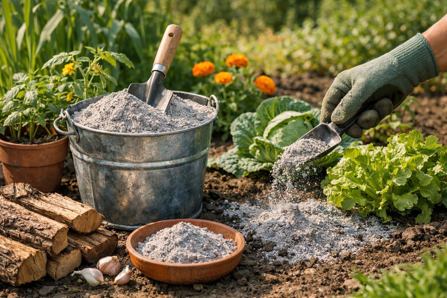 Fahamu egy fémvödörben, mellette zöldségek és virágok a kertben.