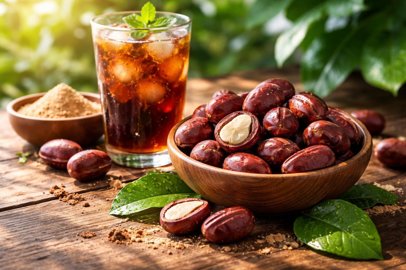 Kóládió gyümölcsök egy tálban, mellettük egy pohár kóla és por alakú kóládió.