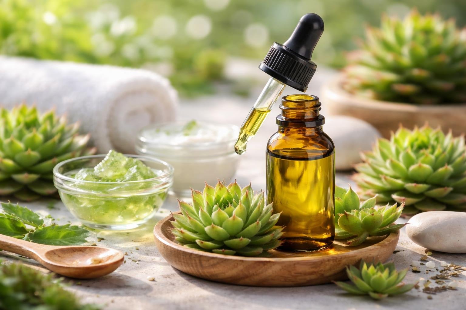 Kövirózsa csepp és bőrápoló termékek természetes környezetben.