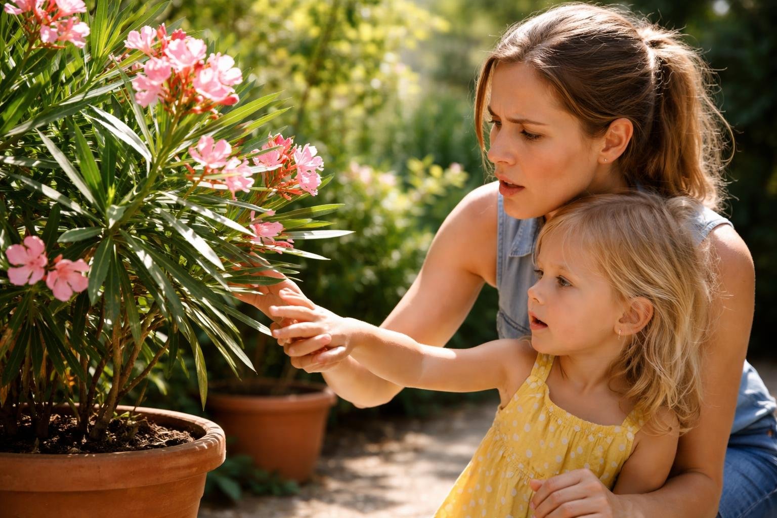 Egy nő és egy kisgyermek óvatosan közelít egy virágzó leanderhez.