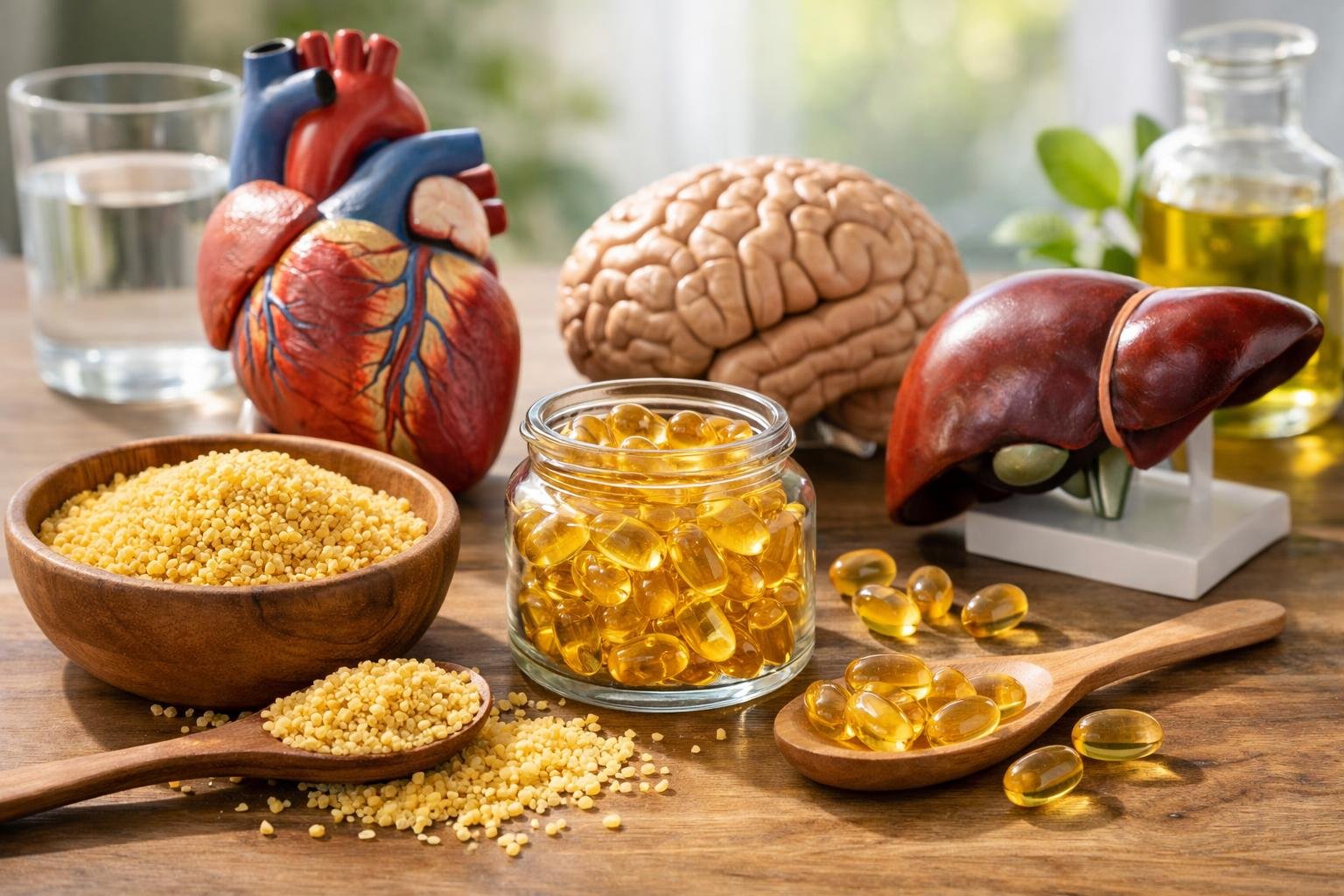 Lecitin kapszulák, szív, agy és máj modellek egy asztalon.