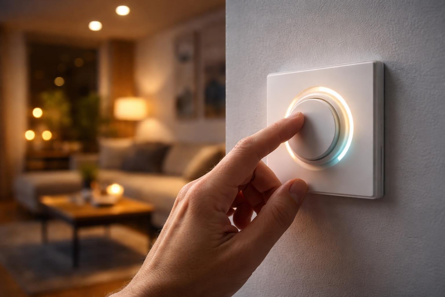 Egy kéz éppen egy modern LED dimmer kapcsolót állít be, háttérben világító lámpák.