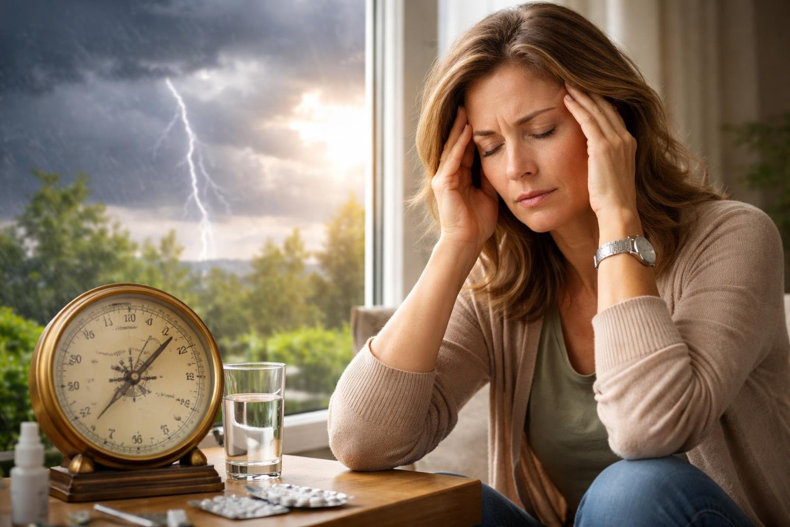 Egy nő fejfájással küzd, miközben vihar közeleg az ablakon kívül.