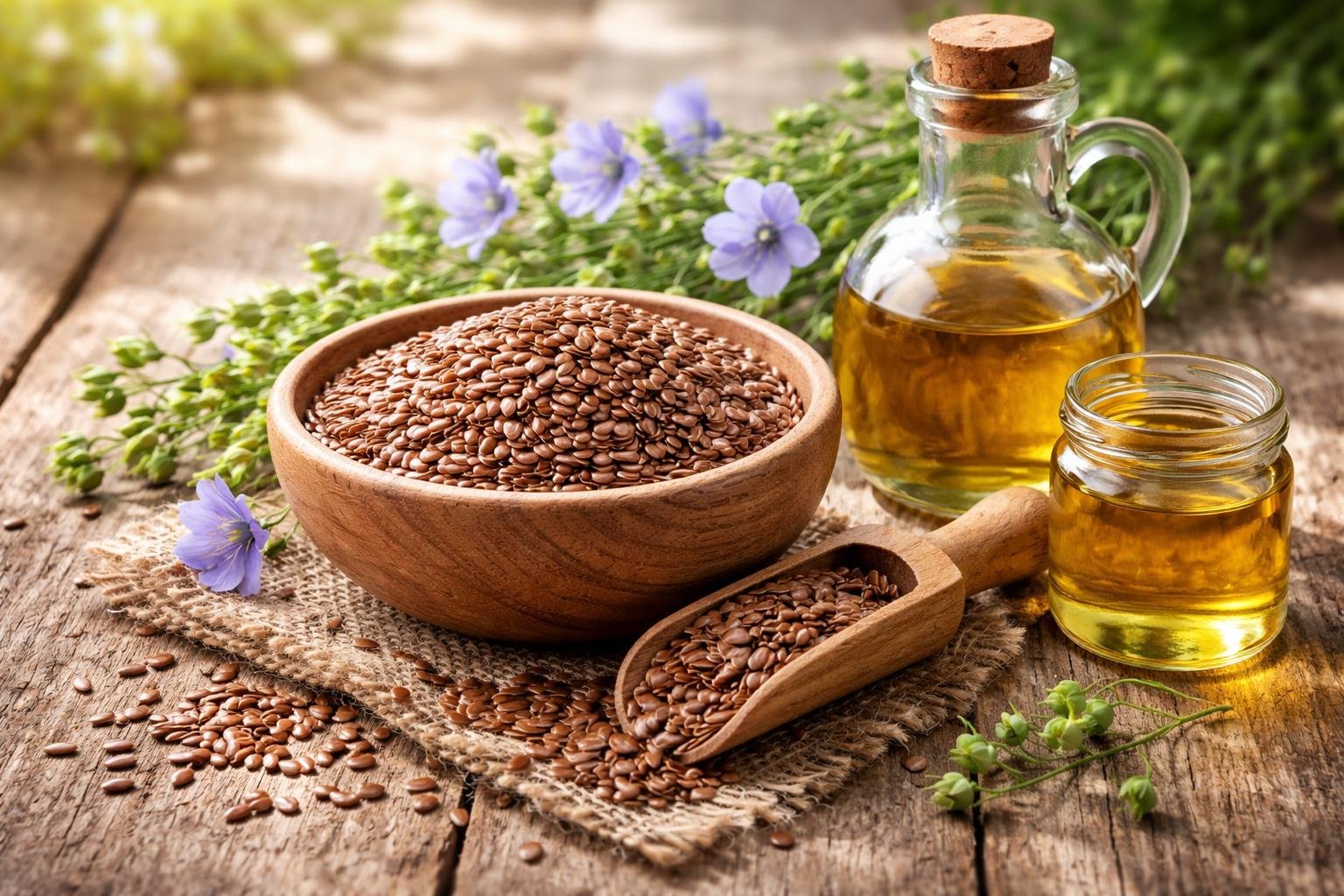Egy tál lenmag, mellette lenolaj és virágok, természetes egészségmegőrzéshez.
