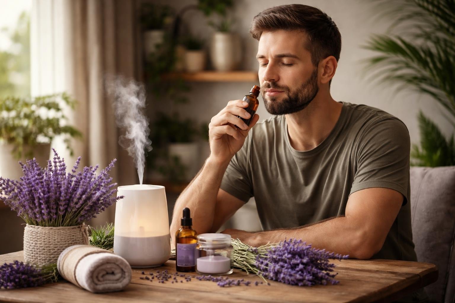 Egy férfi levendula illóolajat szagol, miközben aromaterápiás diffúzor működik mellette.