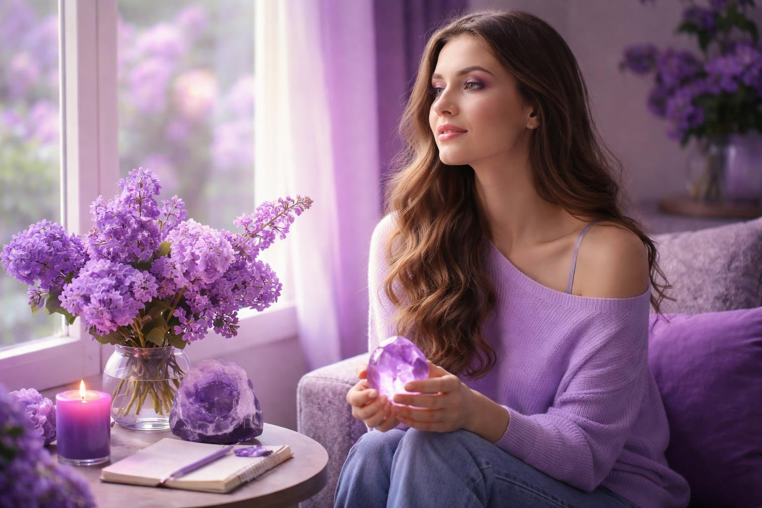 Egy fiatal nő lila pulóverben ül, lila virágok és gyertyák között, meditálva.