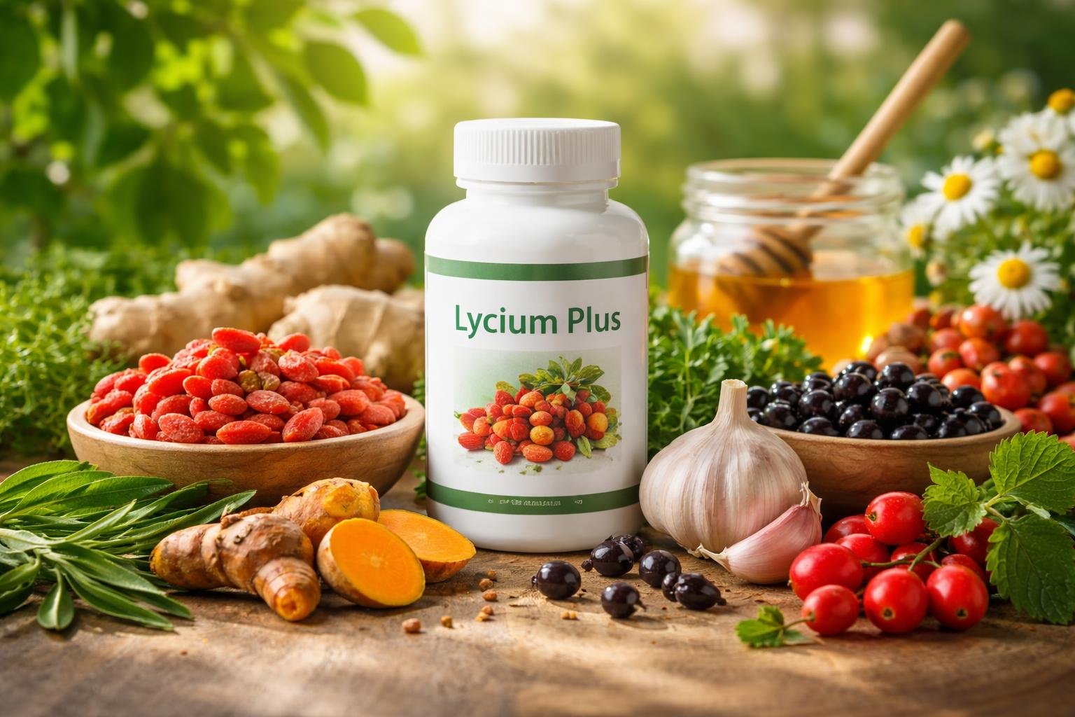 A Lycium Plus étrend-kiegészítő, goji bogyókkal és friss zöldségekkel körülvéve.