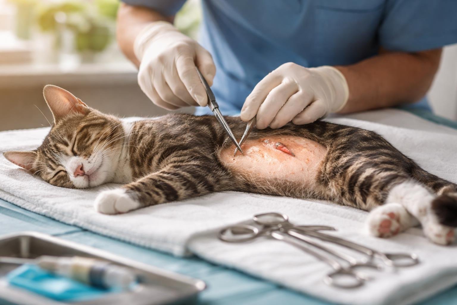 Egy altatásban lévő macska ivartalanítási műtéten, sebészeti eszközökkel.